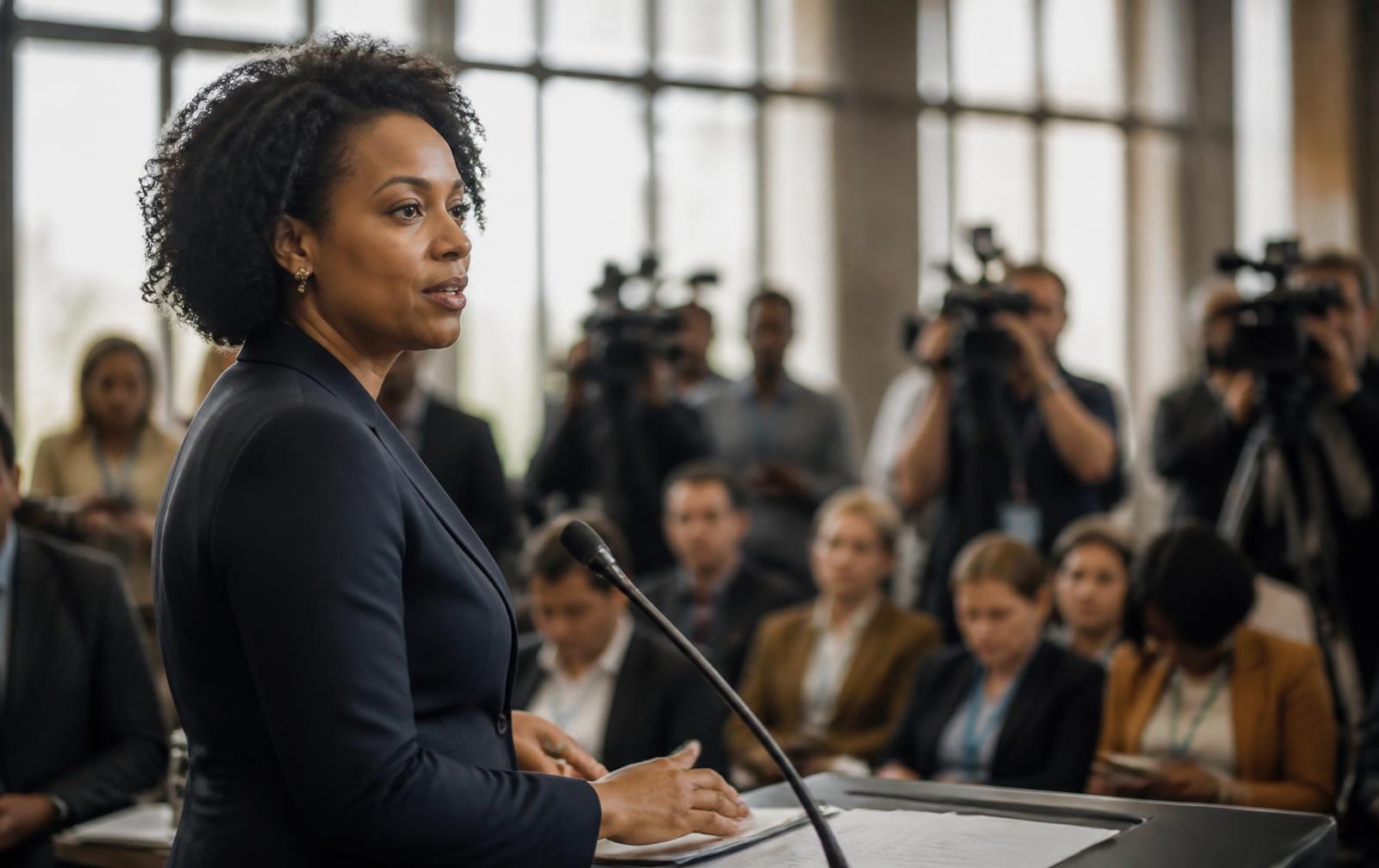A spokesperson addressing an international press briefing with journalists and cameras.